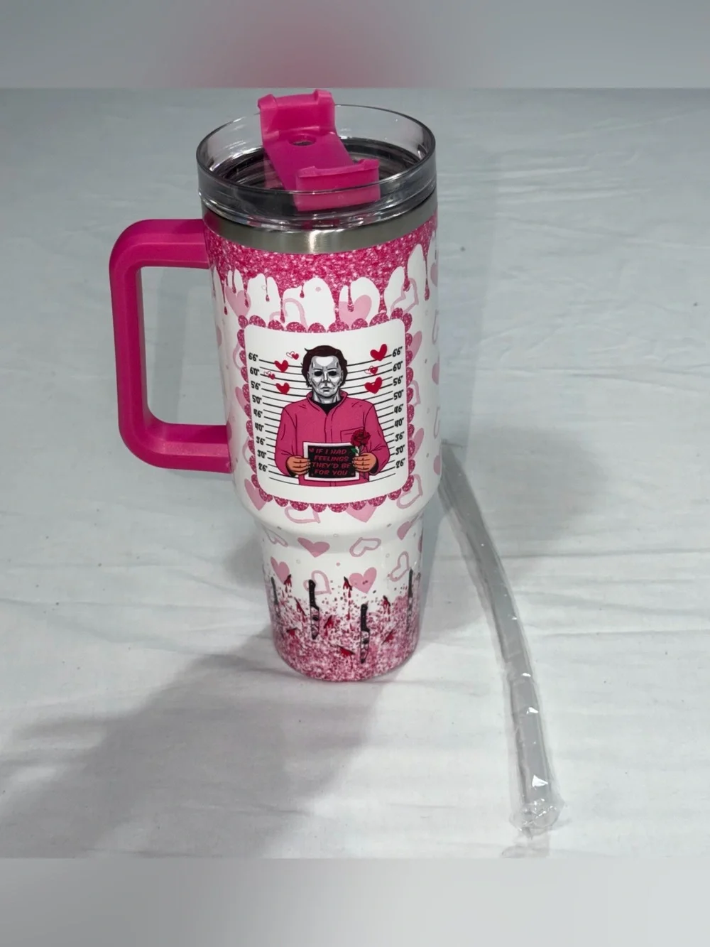 Michael Myers Valentine Horror 40oz Tumbler Pink Cup Lid Straw NWT R04